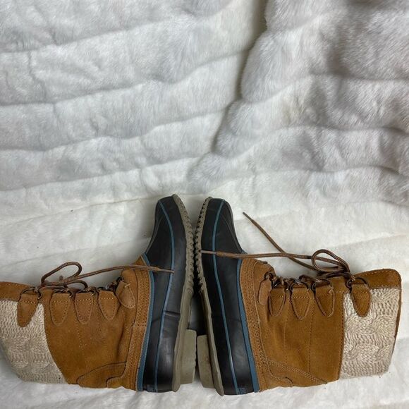 KHOMBU leather brown suede &navy blue rubber duck boots beige knit accent SZ7M - Picture 5 of 9